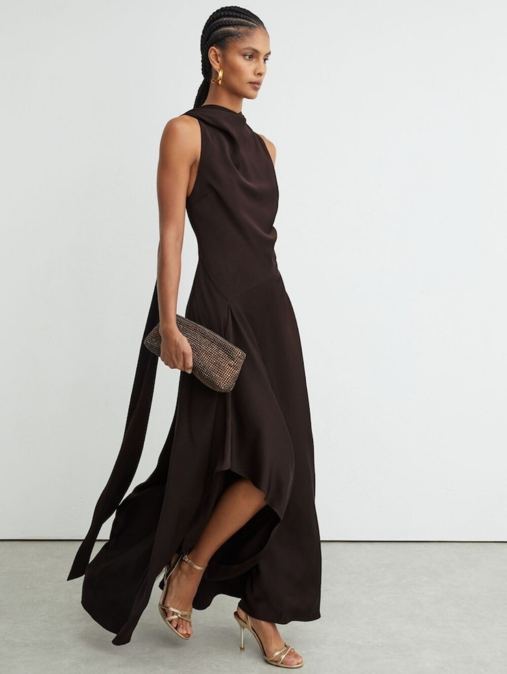 Reiss Sabine Satin Cape-Detail Maxi Dress in Grape Burgundy - Picture 2 of 8